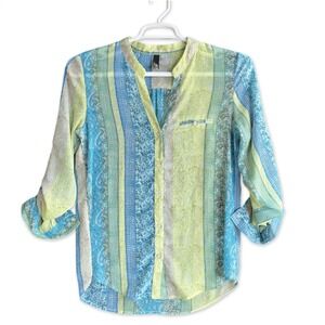 Kut from the Kloth Blouse Women M Sheer Blue Yellow Paisley Striped Roll Tab